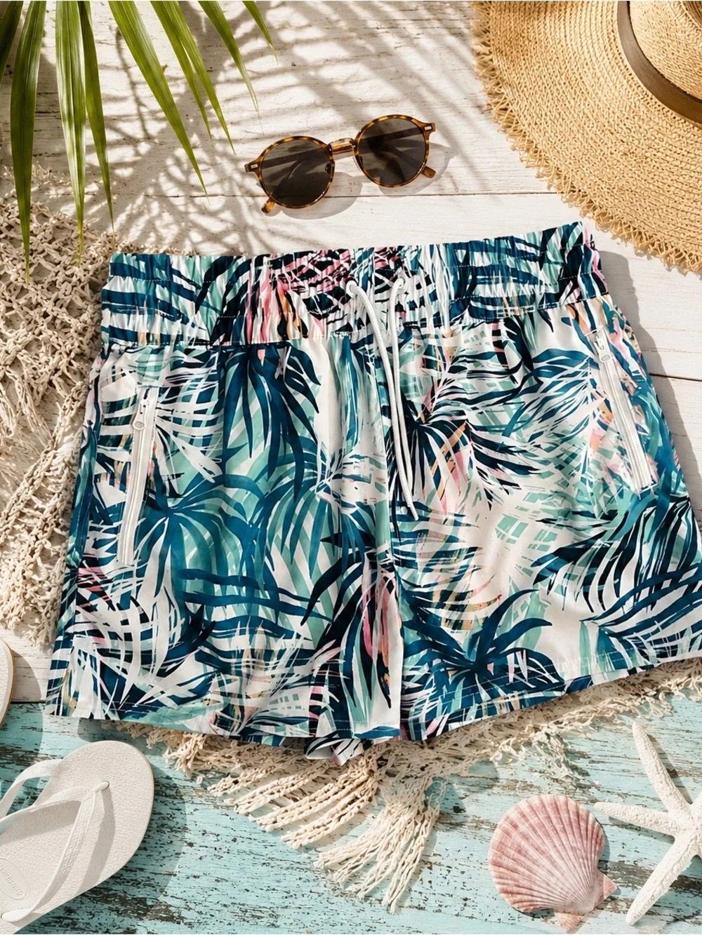 Ocean Pacific OP Tropical Swim Shorts Medium Zip Pocket Beach Cover Up UPF
